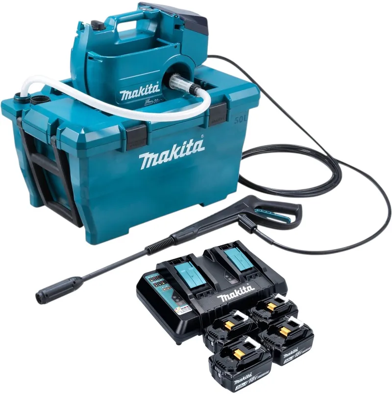 DHW 080 PF4K Snoerloze hogedrukreiniger 36 V ( 2x 18 V ) 80 bar 380 l/u Borstelloos + 4x oplaadbare accu 3.0 Ah + dubbele lader von Makita – Produktbild