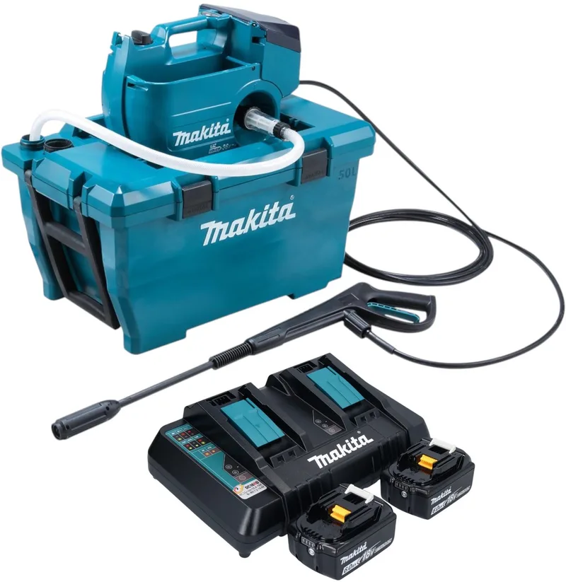 DHW 080 PG2K Snoerloze hogedrukreiniger 36 V ( 2x 18 V ) 80 bar 380 l/u Borstelloos + 2x accu 6.0 Ah + dubbele lader de Makita – image du produit