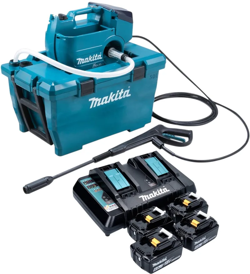 DHW 080 PG4K Snoerloze hogedrukreiniger 36 V ( 2x 18 V ) 80 bar 380 l/u Borstelloos + 4x oplaadbare accu 6.0 Ah + dubbele lader von Makita – Produktbild