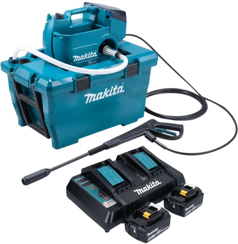 DHW 080 PT2K Snoerloze hogedrukreiniger 36 V ( 2x 18 V ) 80 bar 380 l/u Borstelloos + 2x oplaadbare accu 5.0 Ah + dubbele lader fra Makita – produktbillede