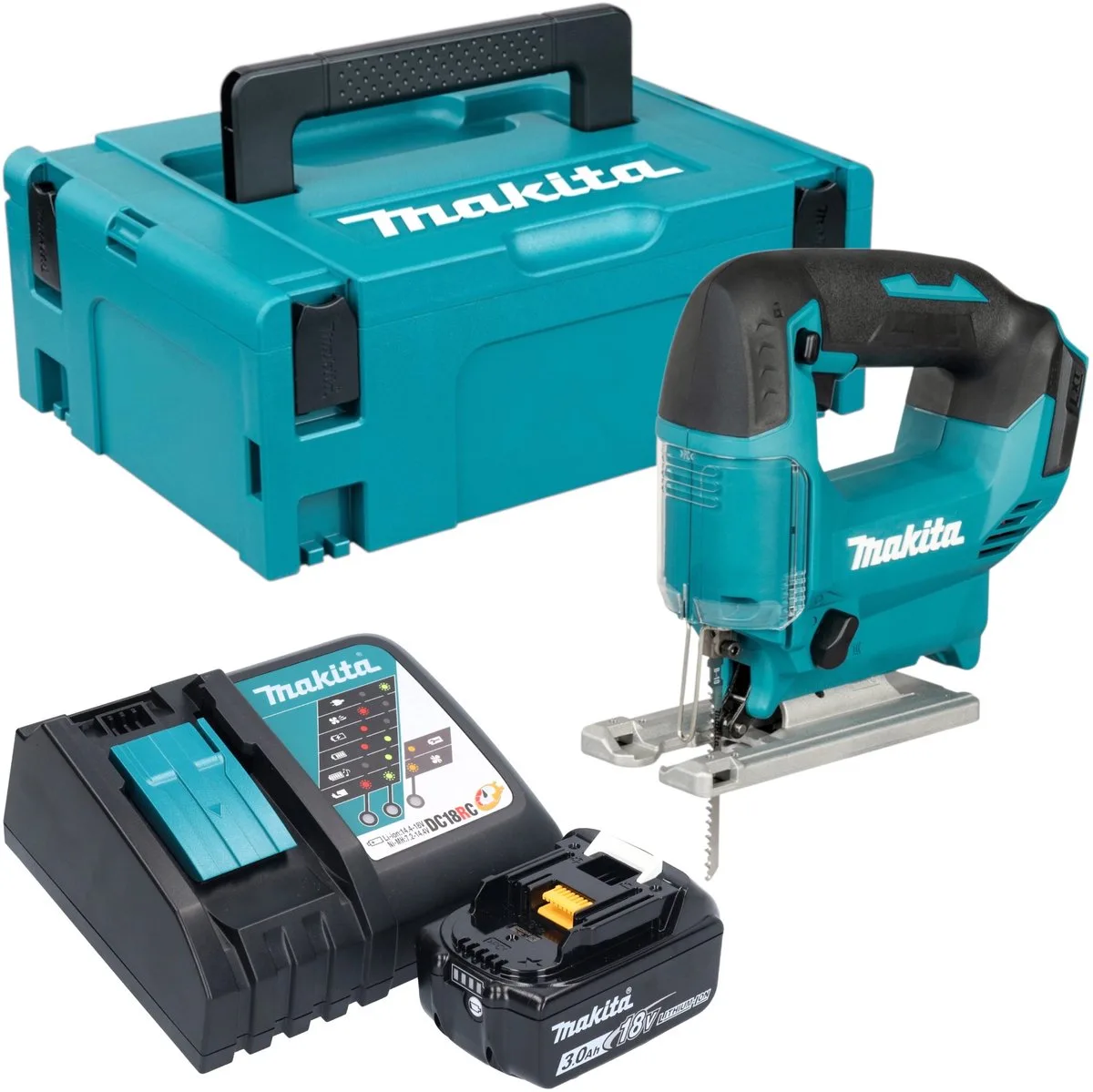 DJV 186 RF1J accu pendelzaag 18 V + 1x accu 3,0 Ah + oplader + Makpac fra Makita – produktbillede
