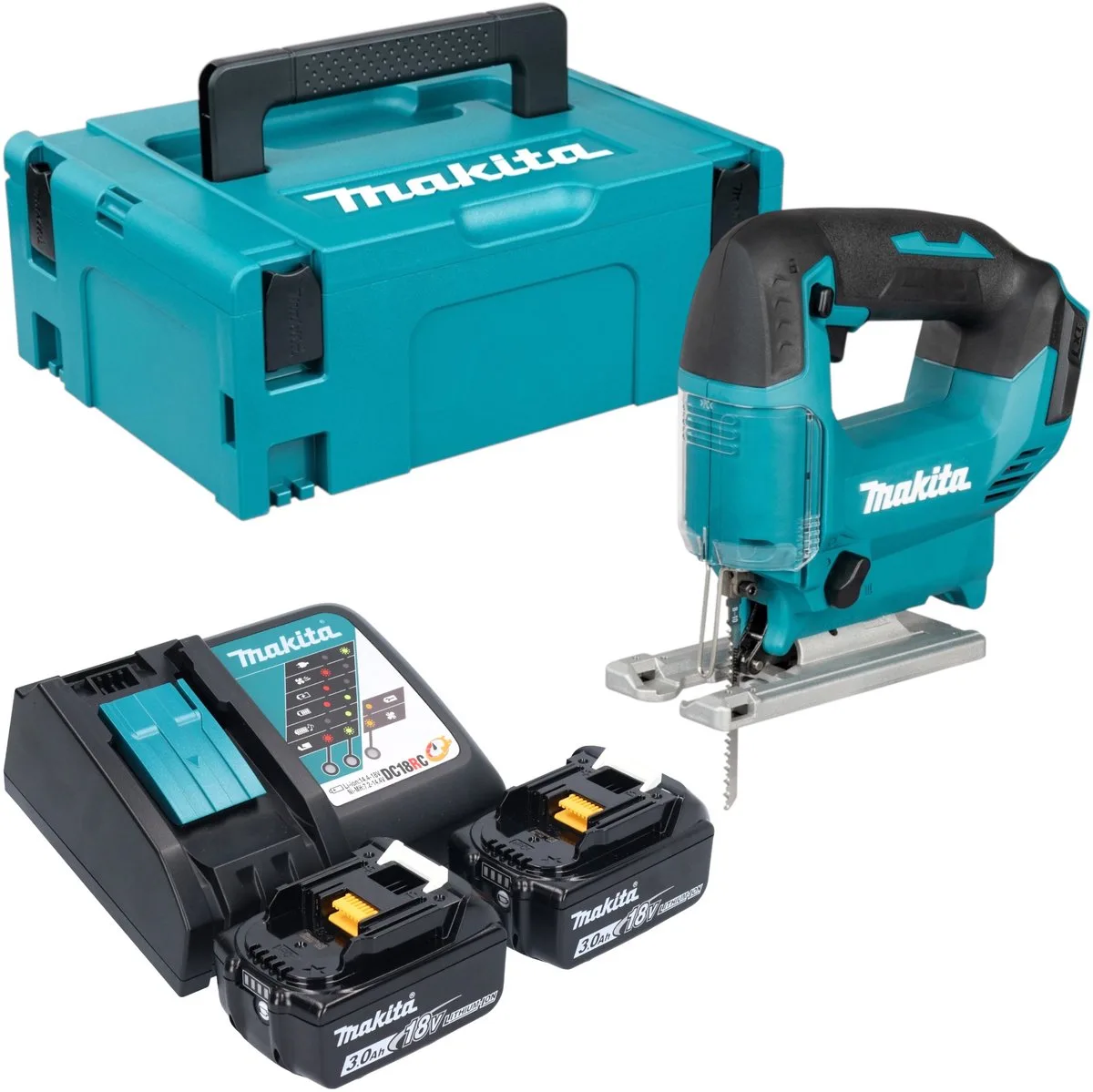 DJV 186 RFJ accu pendelzaag 18 V + 2x accu 3,0 Ah + oplader + Makpac fra Makita – produktbillede