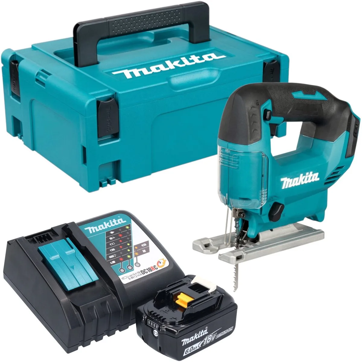 DJV 186 RG1J accu pendelzaag 18 V + 1x accu 6,0 Ah + oplader + Makpac von Makita – Produktbild