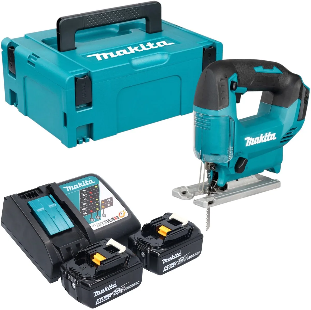 DJV 186 RGJ accu pendelzaag 18 V + 2x accu 6,0 Ah + oplader + Makpac von Makita – Produktbild