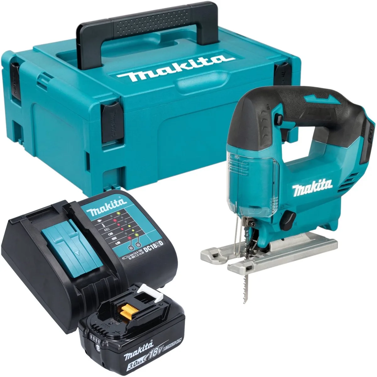 DJV 186 SF1J accu pendelzaag 18 V + 1x accu 3,0 Ah + oplader + Makpac van Makita – productafbeelding