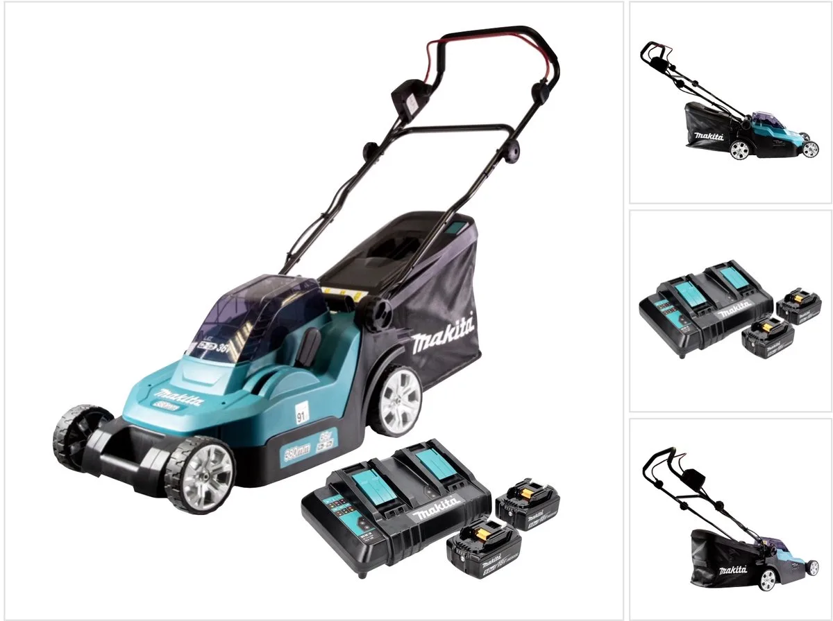 DLM 382 CT2 accu grasmaaier 36 V ( 2x 18 V ) 38 cm 40 L + 2x accu 5.0 Ah + dubbele lader de Makita – image du produit