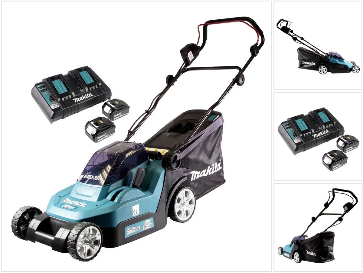 DLM 382 PF2 accu grasmaaier 36 V ( 2x 18 V ) 38 cm 40 l + 2x accu 3.0 Ah + dubbele lader de Makita – image du produit