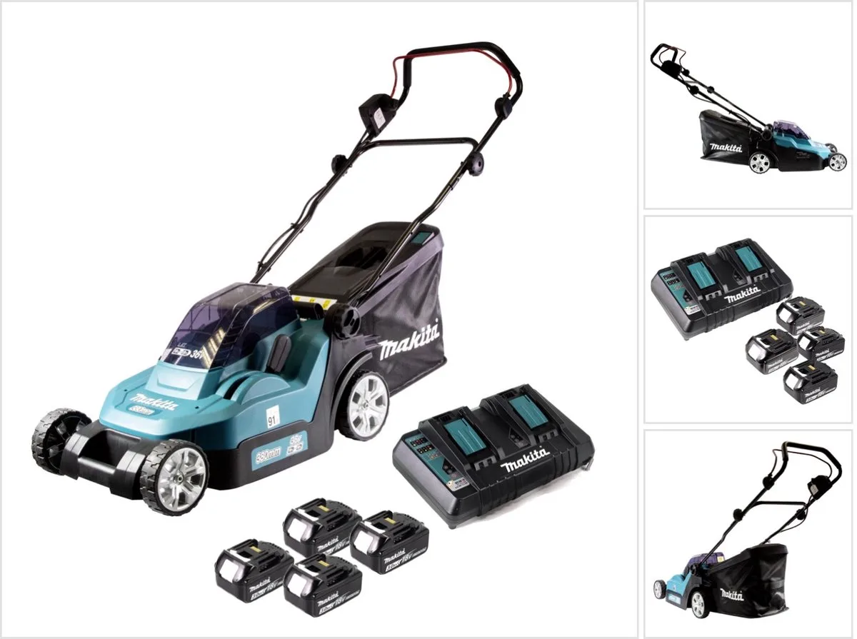 DLM 382 PF4 accugrasmaaier 36 V ( 2x 18 V ) 38 cm 40 l + 4x accu 3.0 Ah + dubbele lader de Makita – image du produit