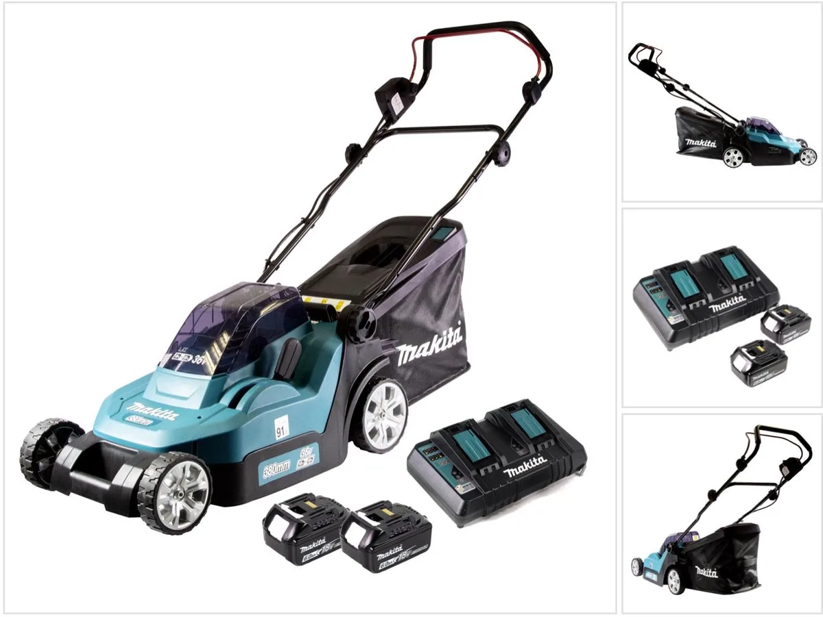 DLM 382 PG2 accu grasmaaier 36 V ( 2x 18 V ) 38 cm 40 l + 2x accu 6.0 Ah + dubbele lader de Makita – image du produit
