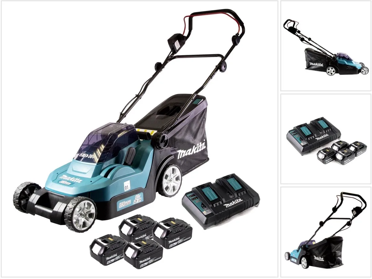 DLM 382 PG4 accugrasmaaier 36 V ( 2x 18 V ) 38 cm 40 l + 4x accu 6.0 Ah + dubbele lader de Makita – image du produit