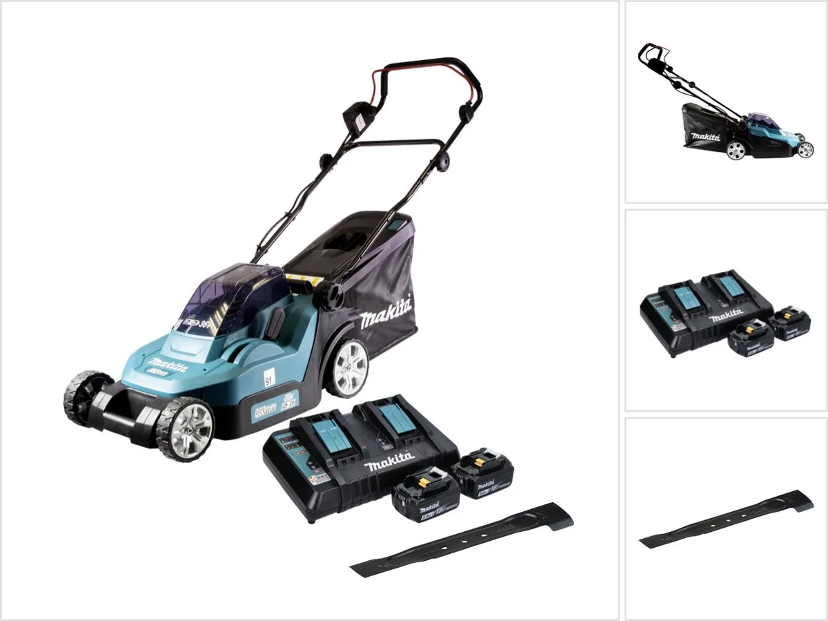 DLM 382 PT2 accugrasmaaier 36 V ( 2x 18 V ) 38 cm 40 l + 2x accu 5.0 Ah + dubbele lader + sikkelmes von Makita – Produktbild