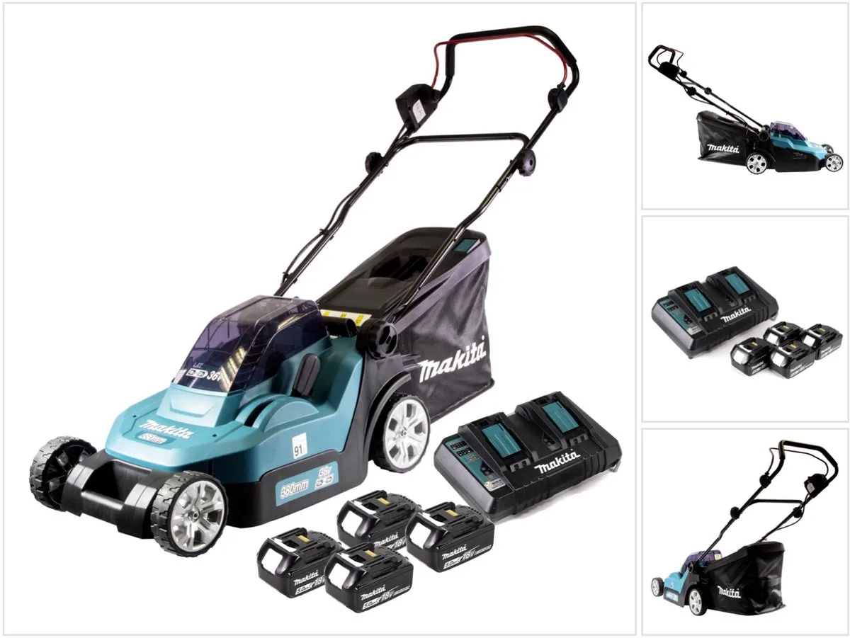 DLM 382 PT4 accugrasmaaier 36 V ( 2x 18 V ) 38 cm 40 l + 4x accu 5.0 Ah + dubbele lader van Makita – productafbeelding