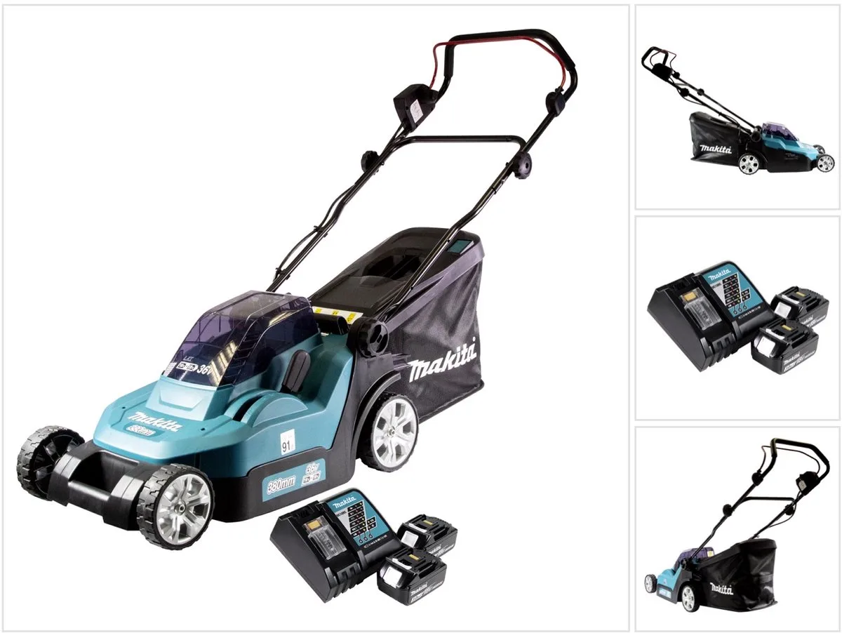 DLM 382 RF2 accu grasmaaier 36 V ( 2x 18 V ) 38 cm 40 l + 2x accu 3.0 Ah + lader by Makita – product image