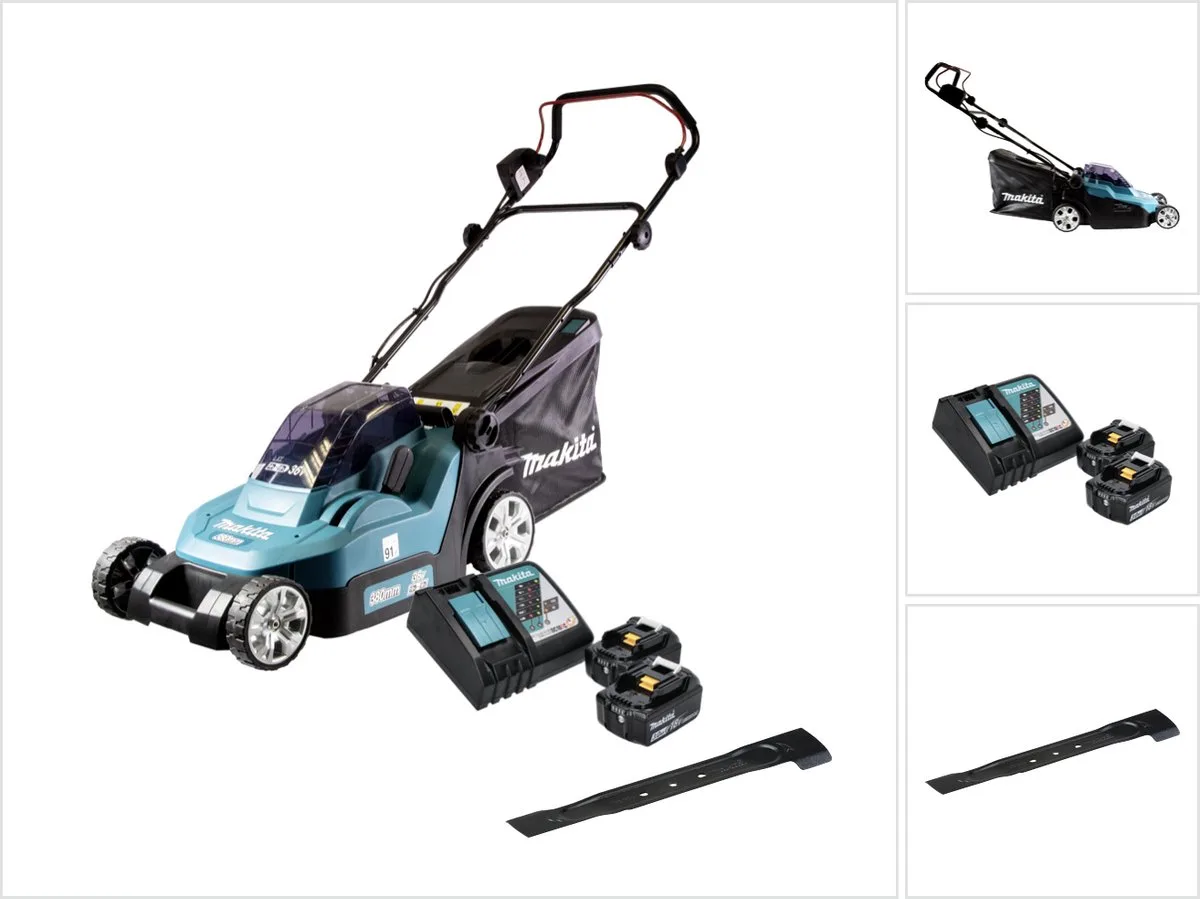 DLM 382 RF2 accugrasmaaier 36 V ( 2x 18 V ) 38 cm 40 l + 2x accu 3.0 Ah + lader + sikkelmes de Makita – image du produit