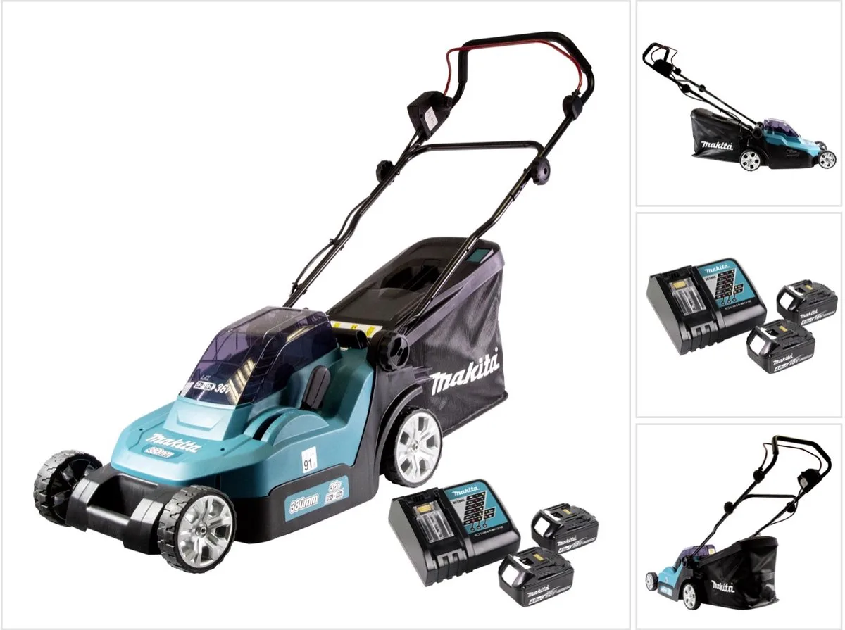 DLM 382 RM2 accu grasmaaier 36 V ( 2x 18 V ) 38 cm 40 l + 2x accu 4.0 Ah + lader van Makita – productafbeelding