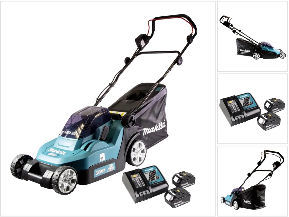DLM 382 RT2 accu grasmaaier 36 V ( 2x 18 V ) 38 cm 40 l + 2x accu 5.0 Ah + lader van Makita – productafbeelding