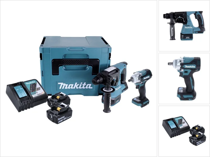 DLX 2372 TJ accukit DHR 242 accuklopboormachine + DTW 300 accuklopboormachine + 2x oplaadbare accu 5.0 Ah + lader + Makpac de Makita – image du produit