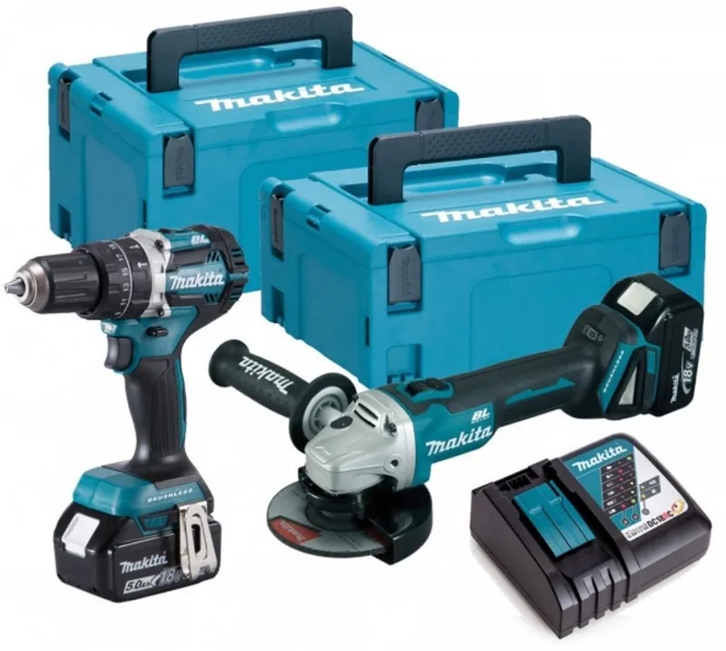 DLX2179TJ1 18V LXT 2 delige Brushless DGA504 Haakse slijper + DHP484 (Klop)boormachine set met 2 x 5.0Ah accu's de Makita – image du produit