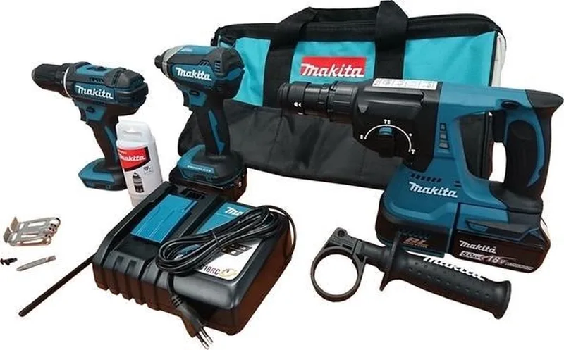 DLX3089T Combiset - DHP482 Klopboormachine + DTD153 Slagschroevendraaier + DHR243 boorhamer 18v 5,0 Ah accu (2 st) in Tas von Makita – Produktbild