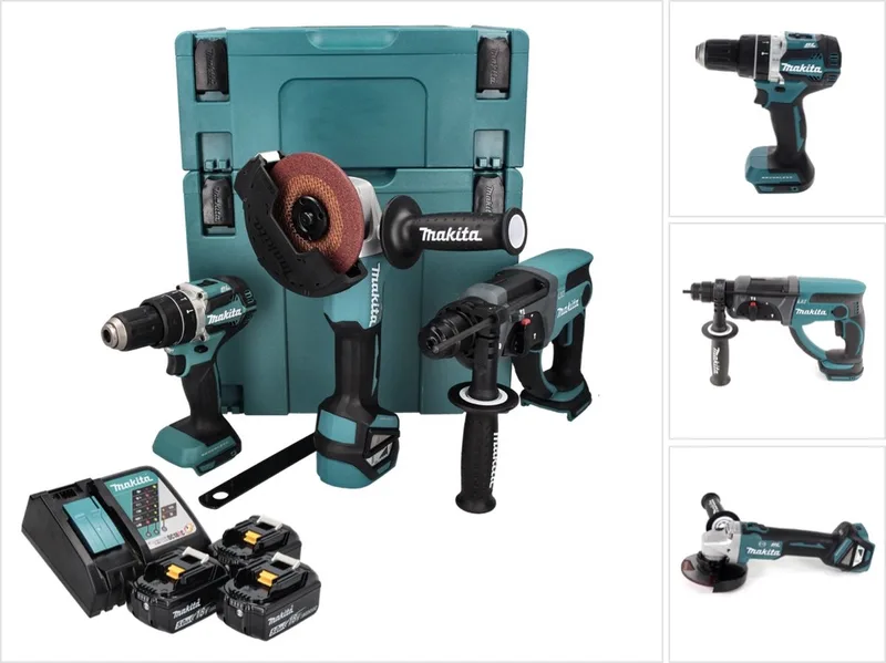 DLX3093TJ 18V LXT 3 delige set: DGA513 Haakse slijper + DHP484 (Klop)boormachine + DHR202 Boorhamer met 3 x 5.0Ah accu's de Makita – image du produit