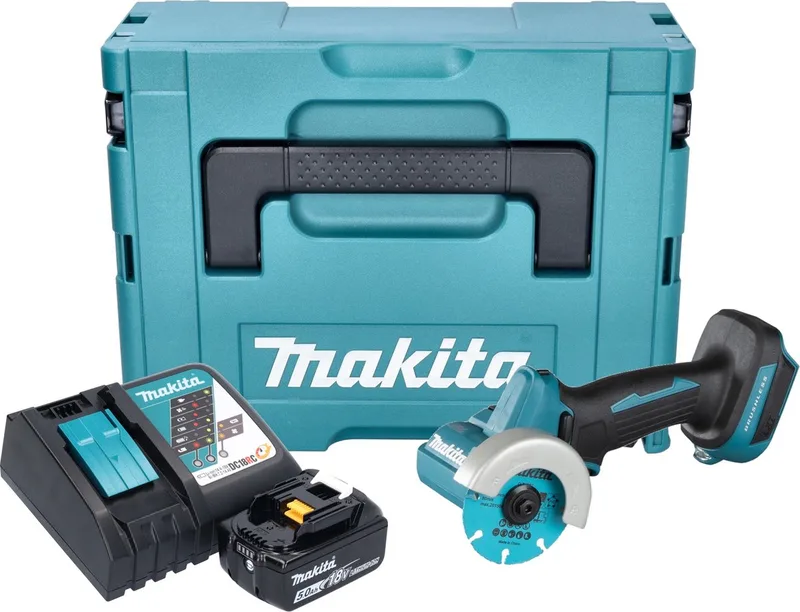 DMC 300 RT1J accu haakse slijper 18 V 76 mm borstelloos + 1x accu 5.0 Ah + lader + Makpac fra Makita – produktbillede