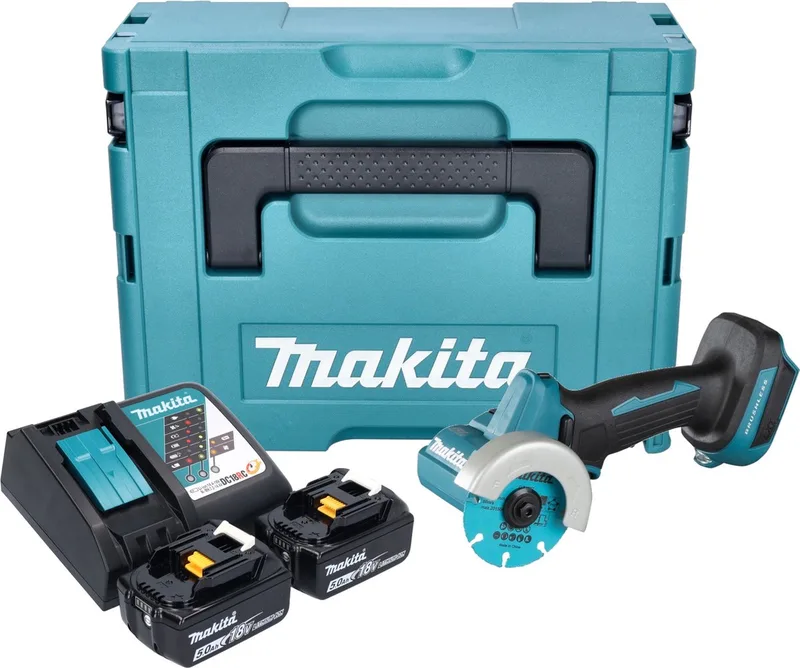 DMC 300 RTJ accu haakse slijper 18 V 76 mm borstelloos + 2x accu 5.0 Ah + lader + Makpac von Makita – Produktbild