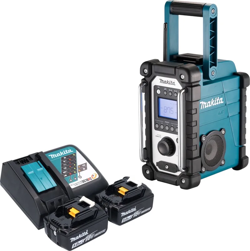 DMR 116 RT accu bouwradio 14,4 - 18 V AM FM AUX + 2x accu 5,0 Ah + oplader by Makita, Green – product image