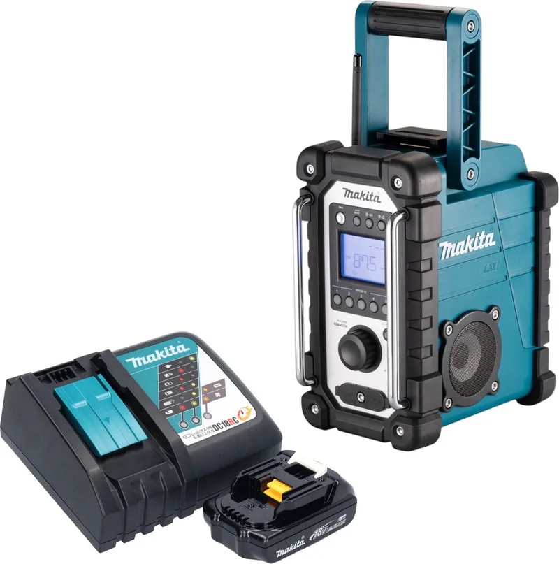 DMR 116 RY1 accu bouwradio 14,4 - 18 V AM FM AUX + 1x accu 1,5 Ah + oplader von Makita, Grün – Produktbild