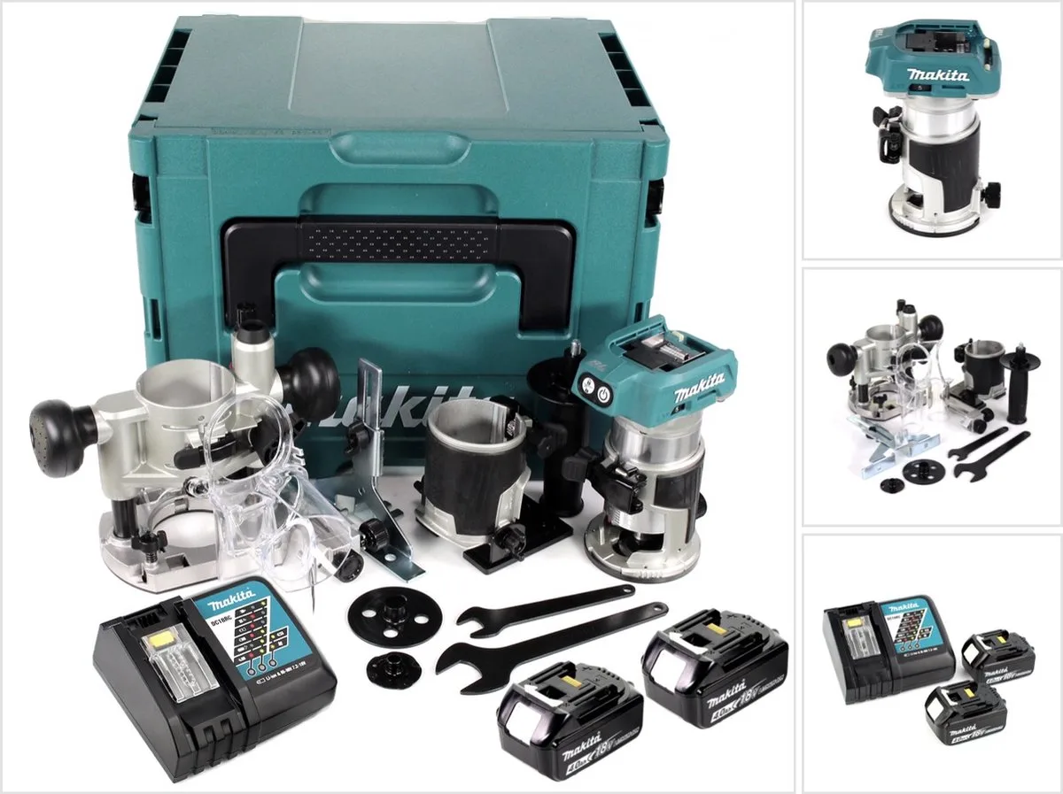 DRT 50 RMJ X2 18 V Li-Ion accu borstelloze multifunctionele bovenfrees in Makpac incl. bovenfreesmodules + 2x 4.0 accu + lader fra Makita – produktbillede
