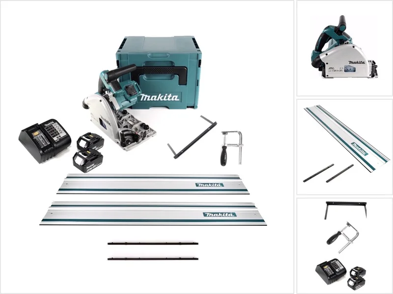 DSP 600 STJ accu invalcirkelzaag 36V (2x 18V) borstelloos + 2x geleiderail + schulpgeleider + schroefklemmen + geleiderailaansluiting + 2x accu 5.0Ah + lader + Makpac fra Makita – produktbillede