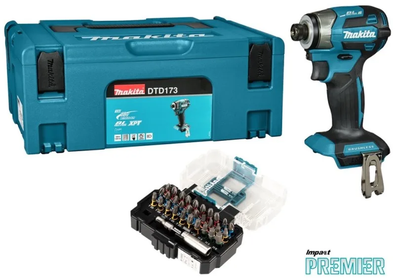 DTD173ZJX1 Accu slagschroevendraaier 180Nm 18V Basic Body in Mbox + Impact Premier bitset von Makita, Türkis – Produktbild
