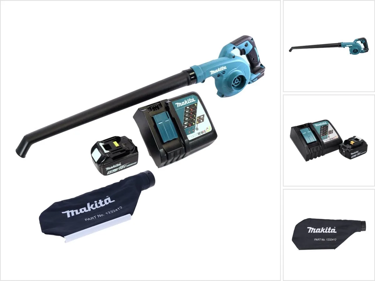 DUB 186 RT1 accubladblazer Bladblazer 18 V + 1x accu 5.0 Ah + lader + opvangzak de Makita – image du produit