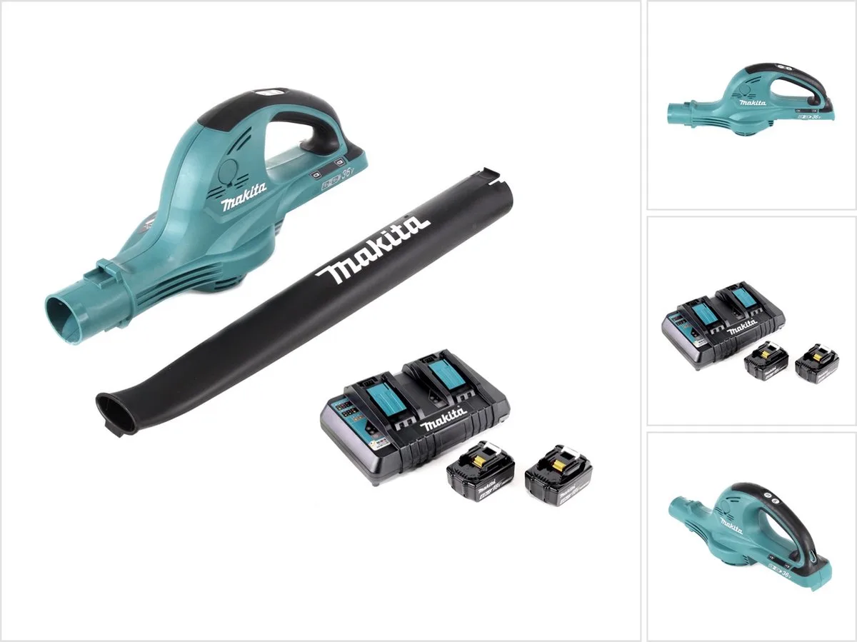 DUB 361 PM 2x 18 V / 36 V accu bladblazer + 2x Makita BL 1840 B 4 Ah / 4000 mAh accu + Makita DC 18 RD 2-voudige lader von Makita – Produktbild