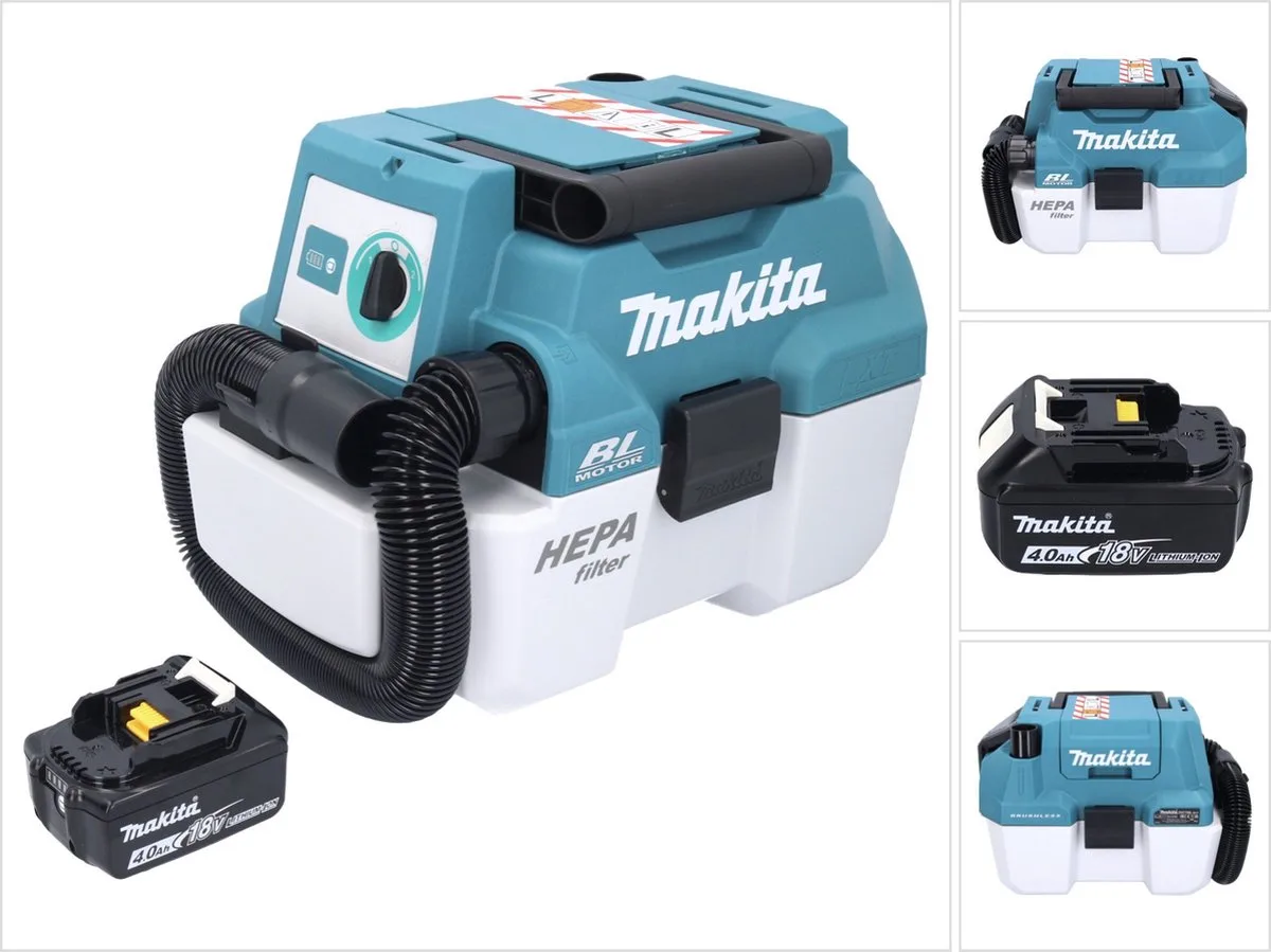 DVC 750 LM1 accustofzuiger LXT 18 V 67 mbar 7,5 l borstelloos + 1x accu 4,0 Ah - zonder oplader fra Makita, Grøn – produktbillede