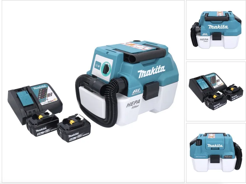 DVC 750 LRT accustofzuiger LXT 18 V 67 mbar 7,5 l borstelloos + 2x accu 5,0 Ah + oplader von Makita, Grün – Produktbild