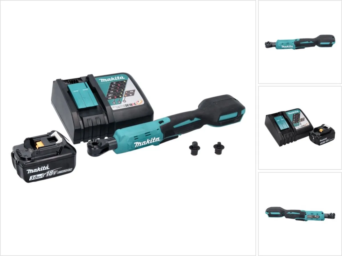 DWR 180 RF1 accu-ratelsleutel 18 V 47,5 Nm 1/4" 3/8" + 1x accu 3,0 Ah + oplader fra Makita, Sort – produktbillede