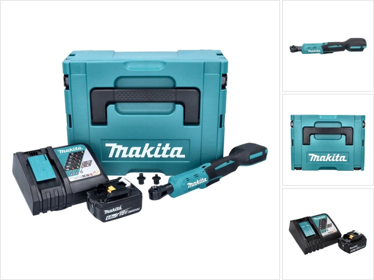 DWR 180 RG1J accu-ratelsleutel 18 V 47,5 Nm 1/4" 3/8" + 1x accu 6,0 Ah + oplader + Makpac von Makita, Türkis – Produktbild