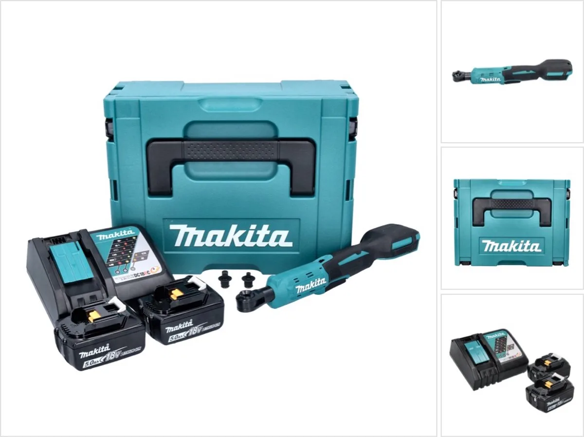 DWR 180 RTJ accu-ratelsleutel 18 V 47,5 Nm 1/4" 3/8" + 2x accu 5,0 Ah + oplader + Makpac von Makita, Türkis – Produktbild