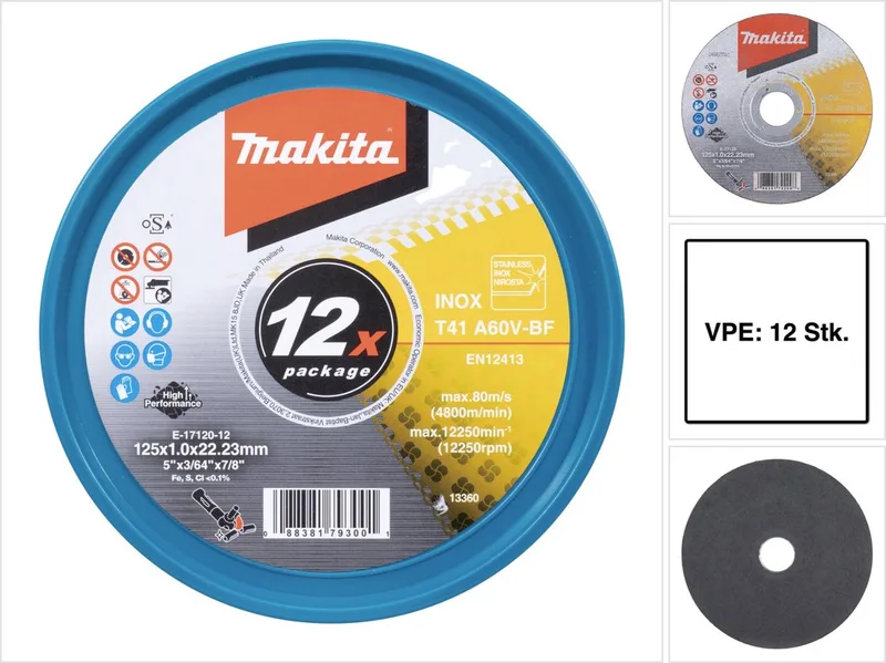 E-17120-12 Doorslijpschijf recht 125 mm 12 stuk(s) Metaal, RVS de Makita – image du produit