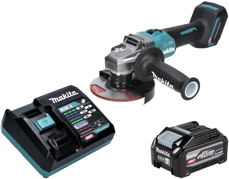 GA 005 GU101 accu-haakse slijper 40 V max. 125 mm borstelloos XGT + 1x accu 4,0 Ah + oplader van Makita – productafbeelding