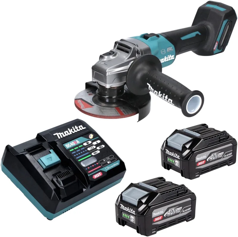 GA 005 GU201 accu-haakse slijper 40 V max. 125 mm borstelloos XGT + 2x accu 4,0 Ah + oplader van Makita – productafbeelding