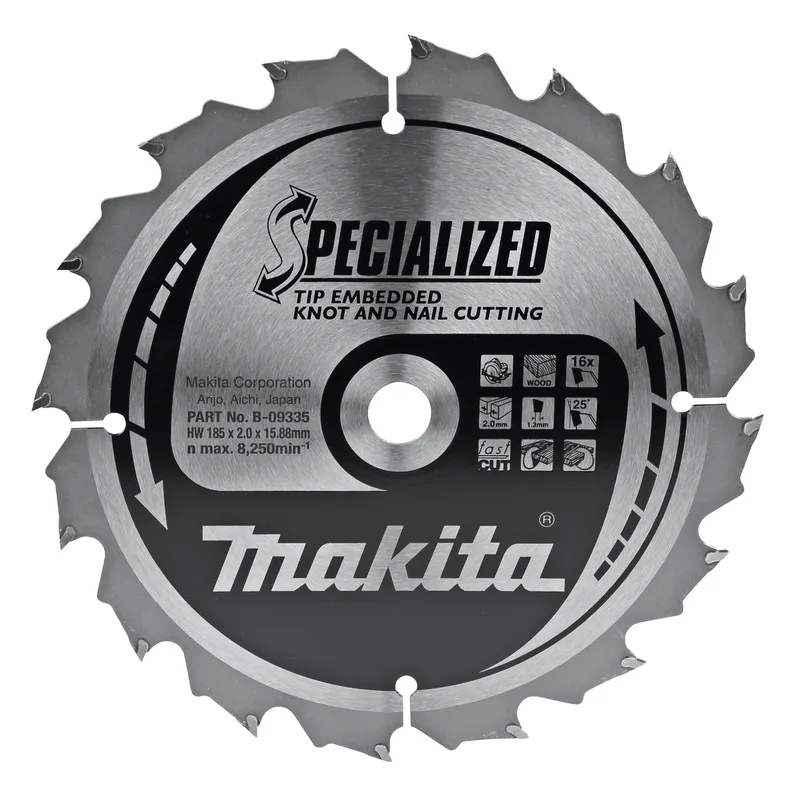Makita 185 x 15,88 mm 16-tands Cirkelzaagblad Hout (noest/spijker) | Embedded Tip - B-09335 de Makita – image du produit