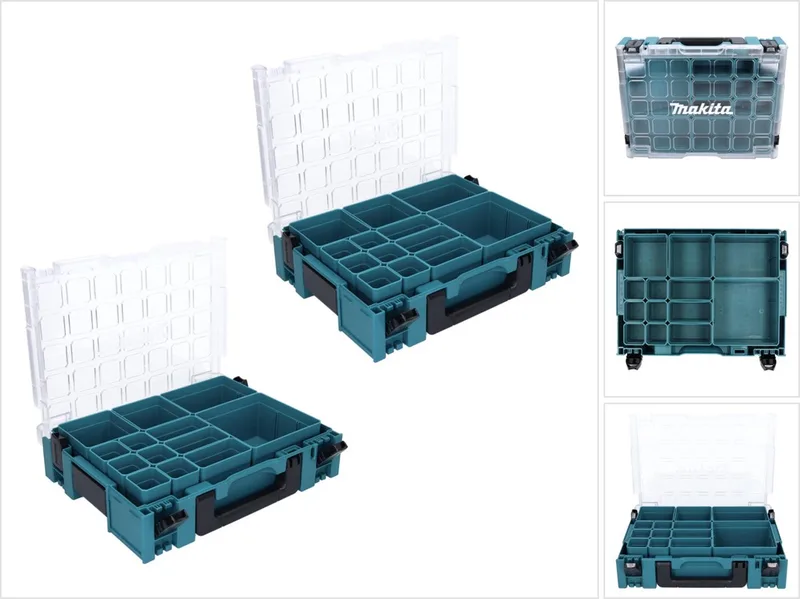 MAKPAC 1 opbergset 2x kleine onderdelen koffer 395 x 295 x 110 mm ( 2x 191X80-2 ) met 13x doosinzet de Makita, Transparent – image du produit