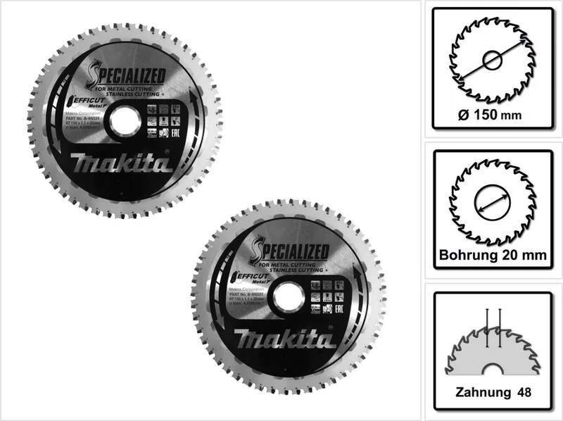 MCCS15048E SPECIALIZED EFFICUT zaagblad 150 x 20 x 1,1 mm 2 stuks ( 2x B-69331 ) 48 tanden voor metaal de Makita – image du produit