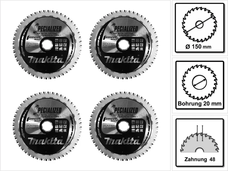 MCCS15048E SPECIALIZED EFFICUT zaagblad 150 x 20 x 1,1 mm 4 stuks ( 4x B-69331 ) 48 tanden voor metaal fra Makita – produktbillede