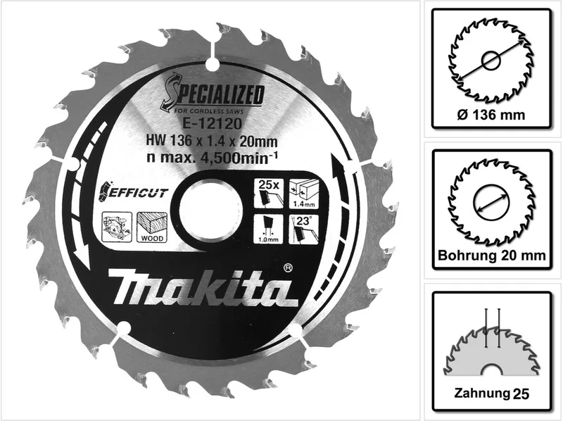 E-12120 E-12120 Lame de scie circulaire 136 x 20 mm Nombre de dents: 25 1 pc(s) de Makita – image du produit
