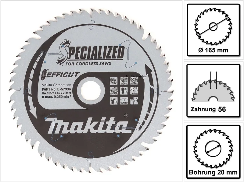 Ø 165mm Asgat 20mm 56T Cirkelzaagblad voor Hout | Efficut - B-57336 de Makita – image du produit