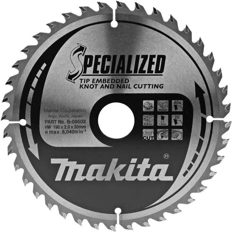 Ø 190mm Asgat 30mm 40T Cirkelzaagblad voor Hout | Specialized: Noest/Spijker - B-09503 fra Makita – produktbillede