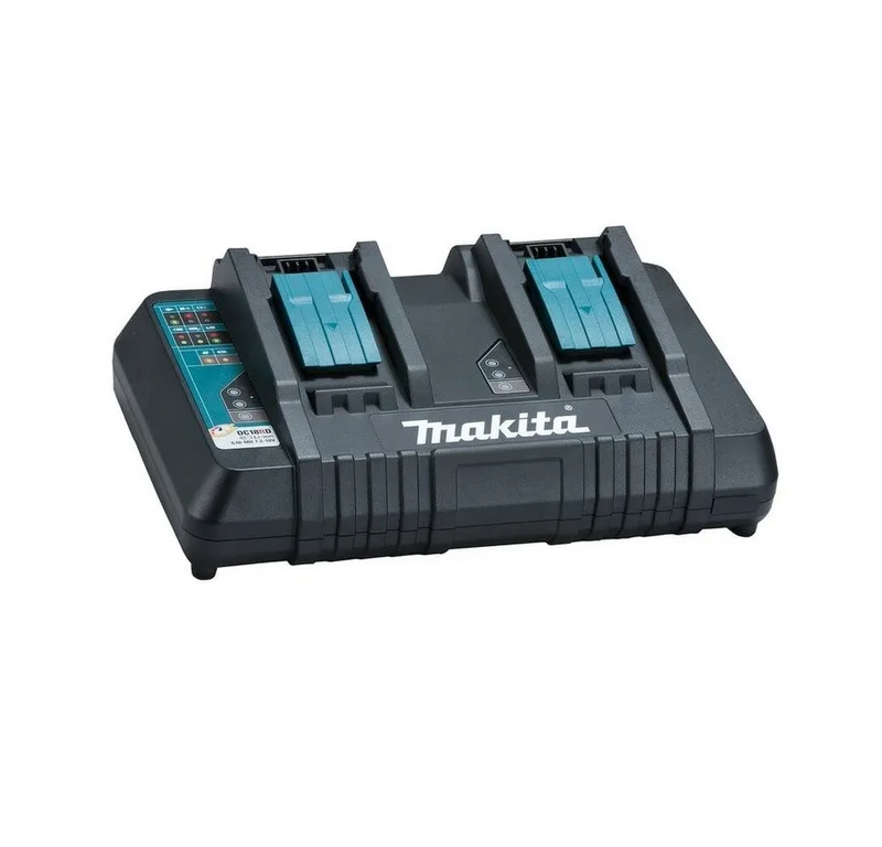 Original Doppel-Ladegerät für 2 18V Akkus gleichzeitig, Schnellladung Akku-Ladestation (Integrierte aktive Kühlung, Laden von zwei Akkus gleichzeitig) von Makita, Blau, Schwarz – Produktbild