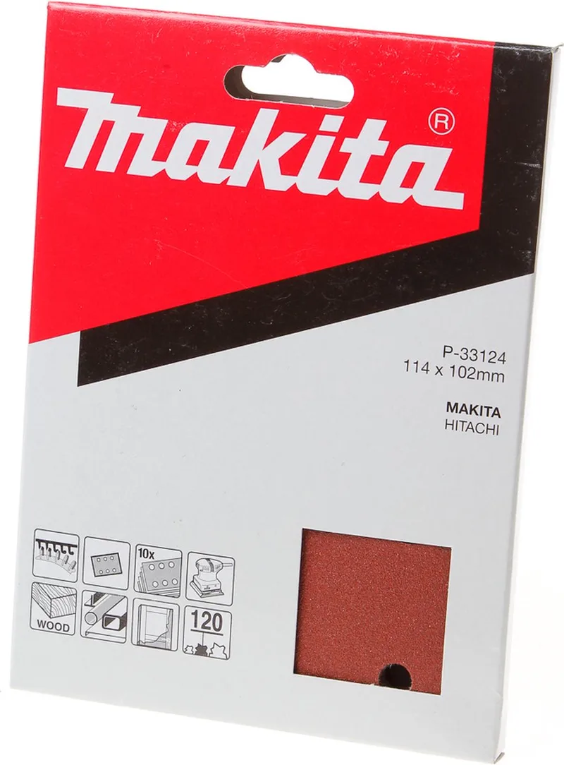 P-33124 Papier abrasif pour ponceuse vibrante avec bande auto-agrippante Grain 120 (L x l) 102 mm x 115 mm 10 pc(s) de Makita – image du produit